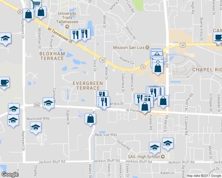 map of restaurants, bars, coffee shops, grocery stores, and more near 217 White Drive in Tallahassee