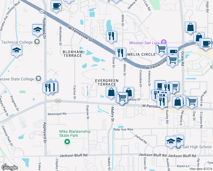 map of restaurants, bars, coffee shops, grocery stores, and more near 216 Dixie Drive in Tallahassee