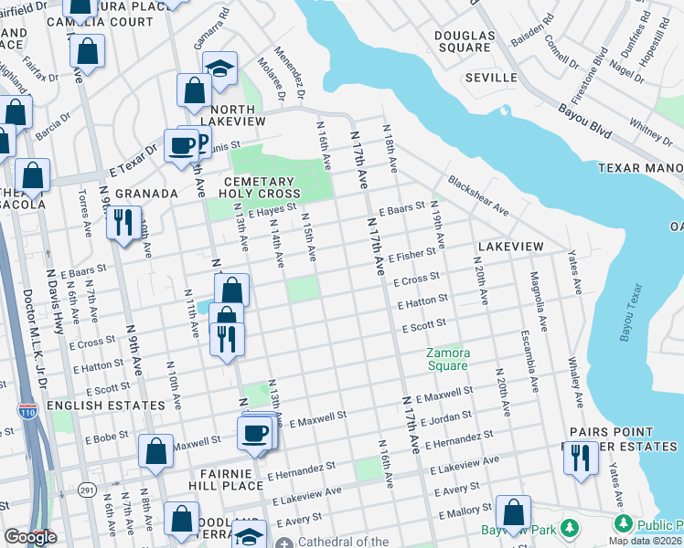 map of restaurants, bars, coffee shops, grocery stores, and more near 1600 East Fisher Street in Pensacola