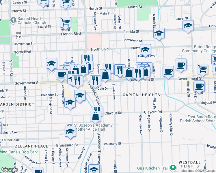 map of restaurants, bars, coffee shops, grocery stores, and more near 3672 Government Street in Baton Rouge