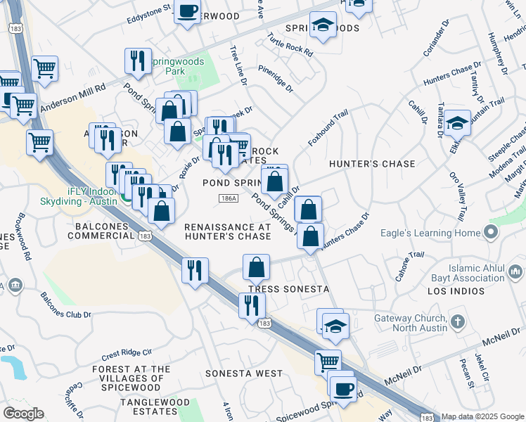 map of restaurants, bars, coffee shops, grocery stores, and more near 13125 Pond Springs Road in Austin