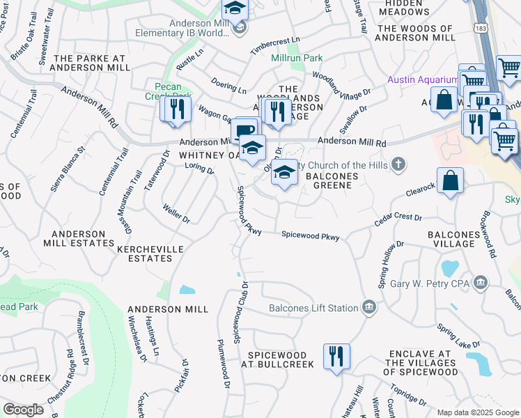 map of restaurants, bars, coffee shops, grocery stores, and more near 101 Tin Cup Drive in Austin