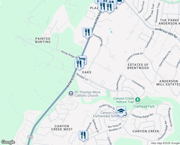 map of restaurants, bars, coffee shops, grocery stores, and more near 11607 Hare Trail in Austin