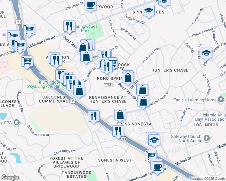 map of restaurants, bars, coffee shops, grocery stores, and more near 13175 Research Boulevard in Austin