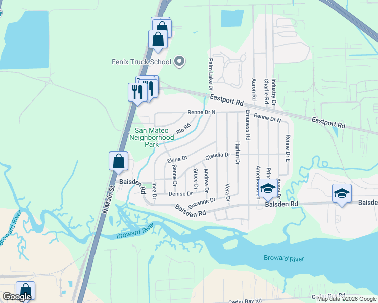 map of restaurants, bars, coffee shops, grocery stores, and more near 11505 Inez Drive in Jacksonville