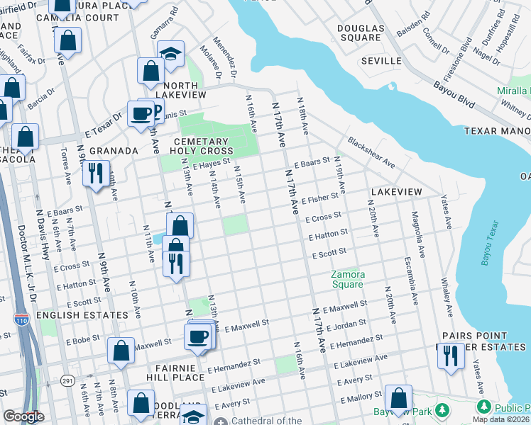map of restaurants, bars, coffee shops, grocery stores, and more near 1600 East Fisher Street in Pensacola