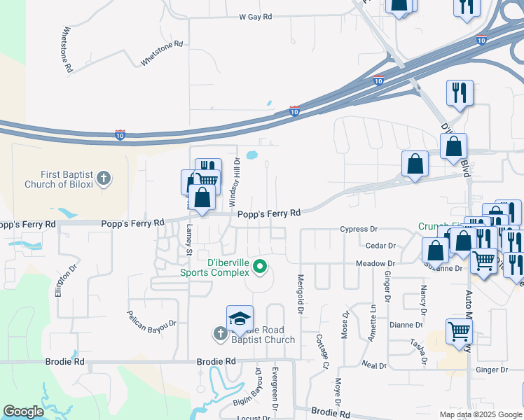map of restaurants, bars, coffee shops, grocery stores, and more near 11047 Oakcrest Drive in D'Iberville