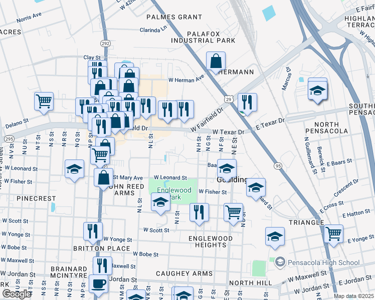 map of restaurants, bars, coffee shops, grocery stores, and more near 3107 North H Street in Pensacola