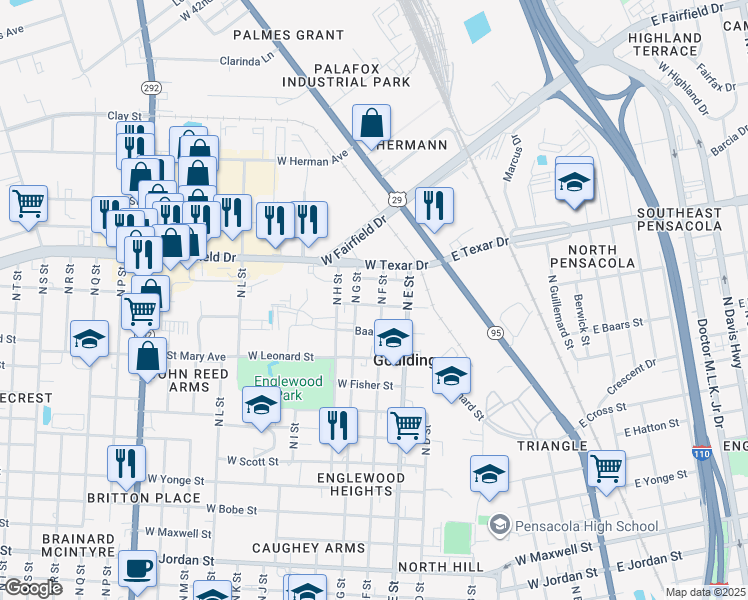map of restaurants, bars, coffee shops, grocery stores, and more near 1004 West Hayes Street in Pensacola