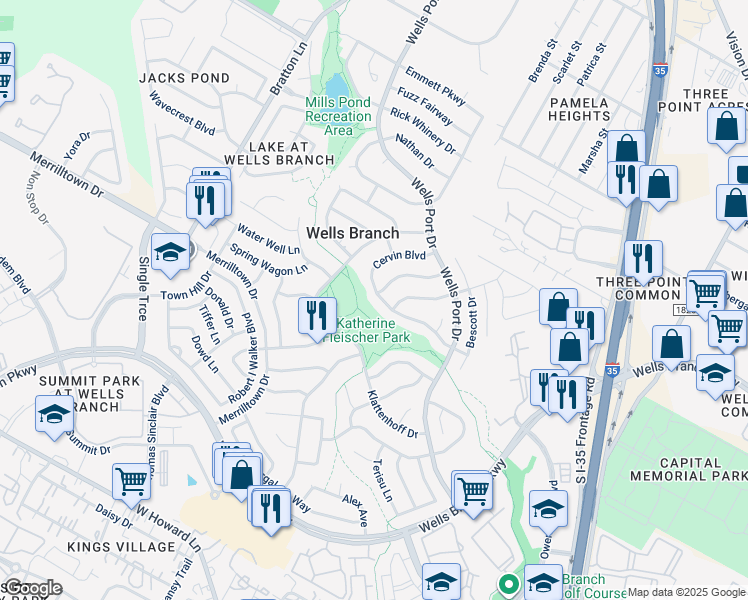 map of restaurants, bars, coffee shops, grocery stores, and more near 2029 Cervin Boulevard in Austin