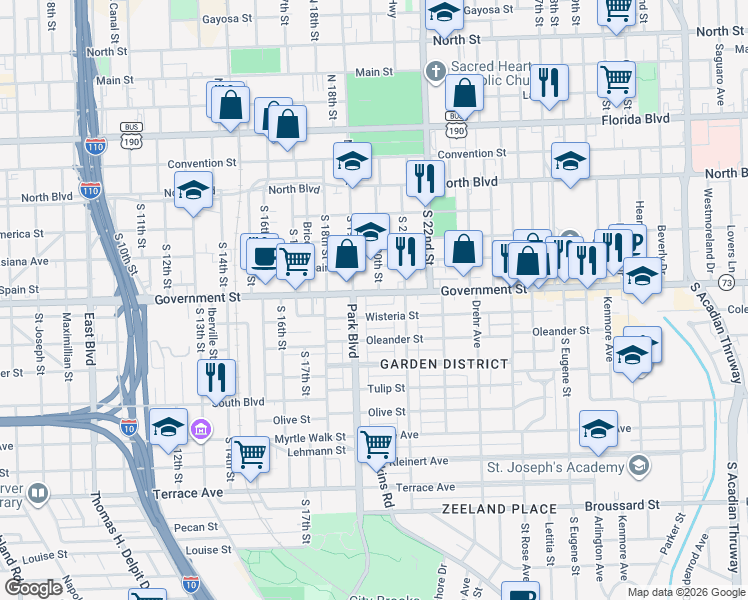 map of restaurants, bars, coffee shops, grocery stores, and more near in Baton Rouge