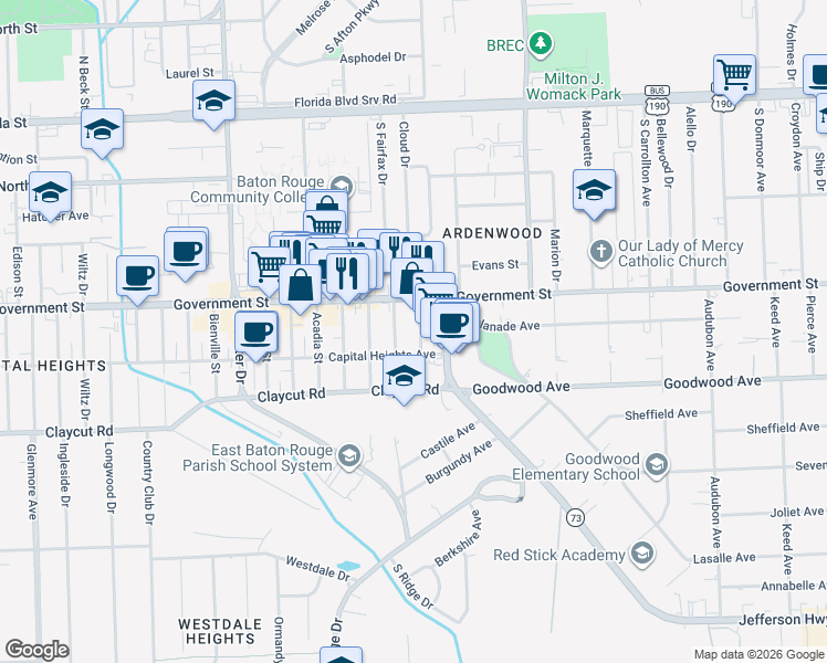 map of restaurants, bars, coffee shops, grocery stores, and more near in Baton Rouge