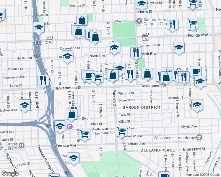 map of restaurants, bars, coffee shops, grocery stores, and more near 1779 Government Street in Baton Rouge