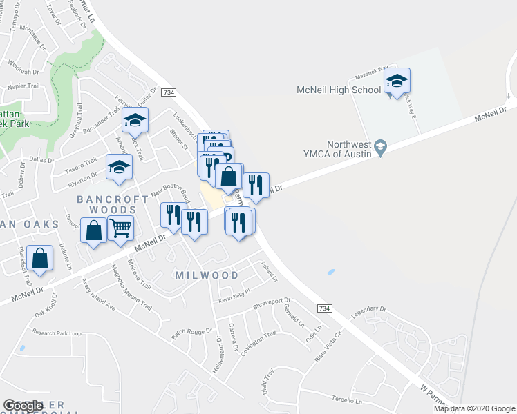 map of restaurants, bars, coffee shops, grocery stores, and more near 6010 West Parmer Lane in Austin