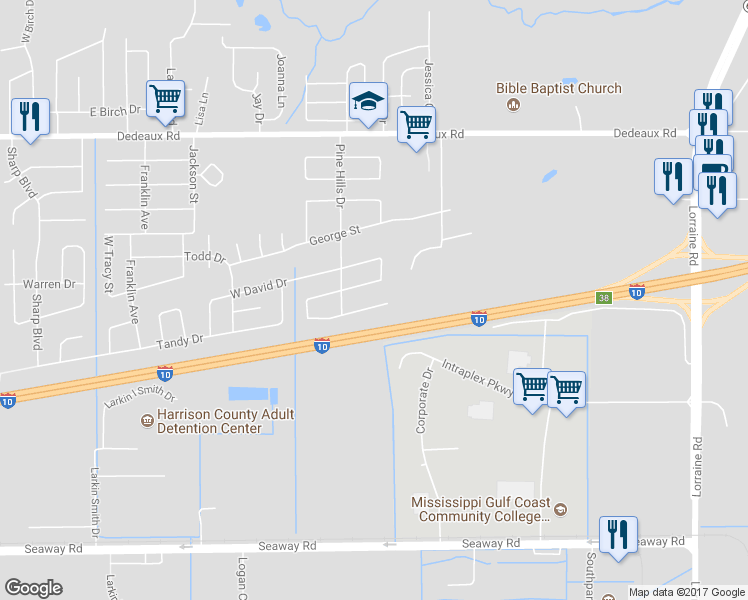 map of restaurants, bars, coffee shops, grocery stores, and more near 2707 Samuel Street in Gulfport