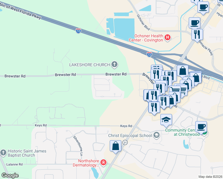 map of restaurants, bars, coffee shops, grocery stores, and more near 27 Wickfield Drive in Covington