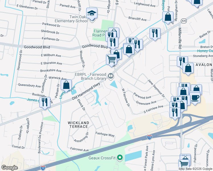map of restaurants, bars, coffee shops, grocery stores, and more near 12910 Old Hammond Highway in Baton Rouge