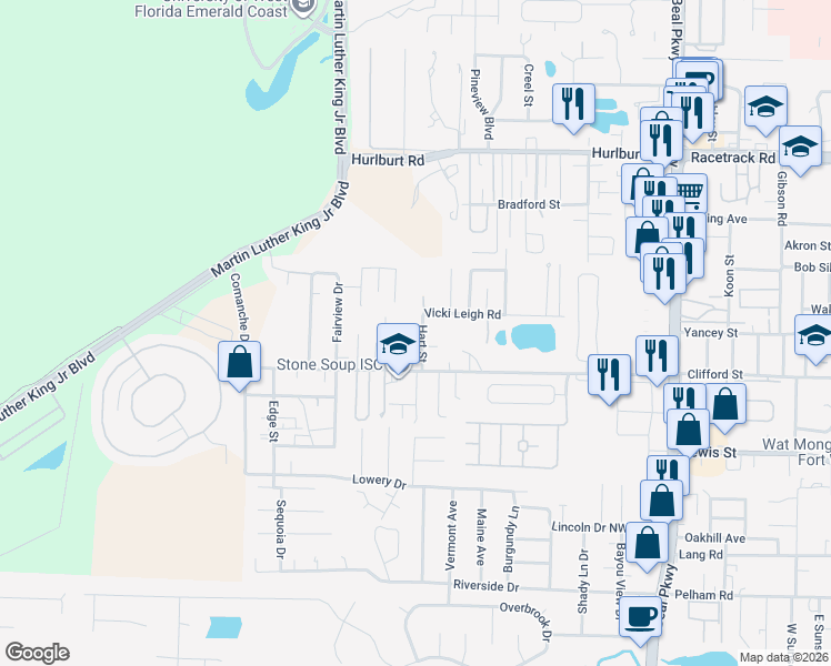 map of restaurants, bars, coffee shops, grocery stores, and more near 728 Hart Street in Fort Walton Beach