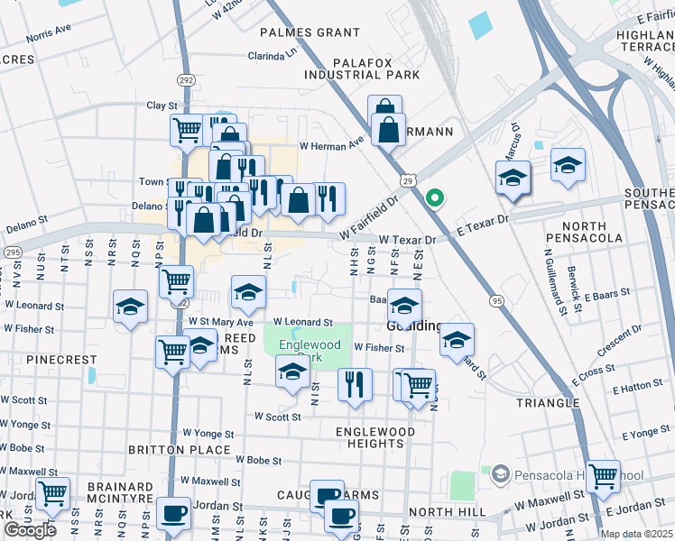 map of restaurants, bars, coffee shops, grocery stores, and more near 3107 North H Street in Pensacola