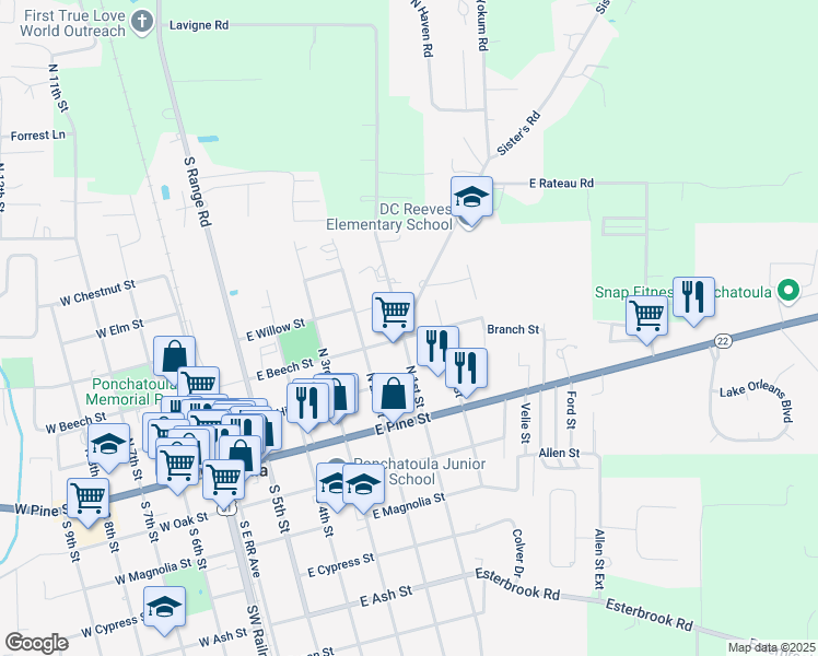 map of restaurants, bars, coffee shops, grocery stores, and more near 335 North Baronne Street in Ponchatoula