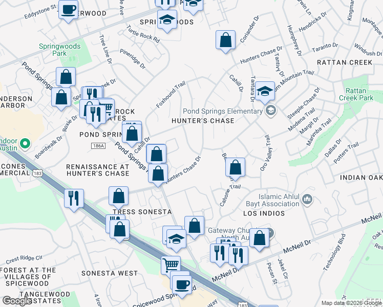 map of restaurants, bars, coffee shops, grocery stores, and more near 8519 Cahill Drive in Austin