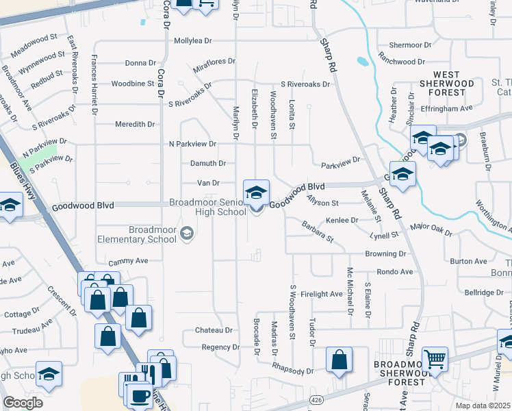 map of restaurants, bars, coffee shops, grocery stores, and more near 10100 Goodwood Boulevard in Baton Rouge