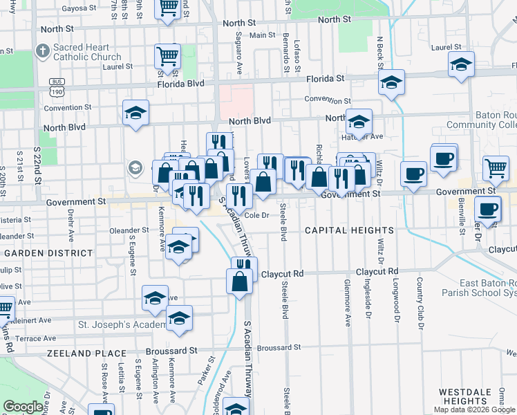 map of restaurants, bars, coffee shops, grocery stores, and more near 3672 Government Street in Baton Rouge