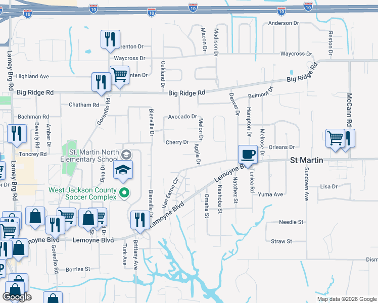 map of restaurants, bars, coffee shops, grocery stores, and more near 15920 Hardwood Place in Biloxi