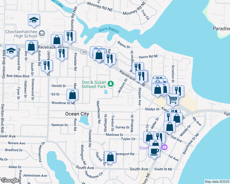 map of restaurants, bars, coffee shops, grocery stores, and more near 707 Essex Road in Fort Walton Beach