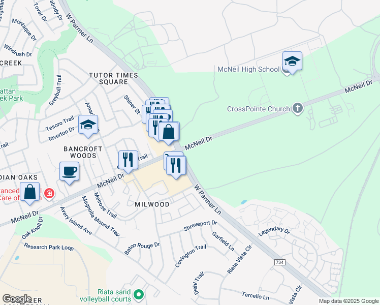 map of restaurants, bars, coffee shops, grocery stores, and more near 6010 West Parmer Lane in Austin