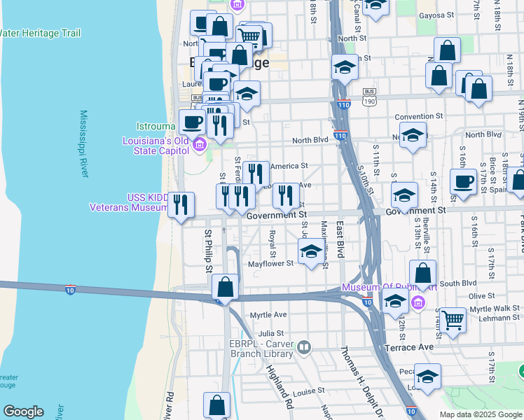 map of restaurants, bars, coffee shops, grocery stores, and more near 501 Government Street in Baton Rouge