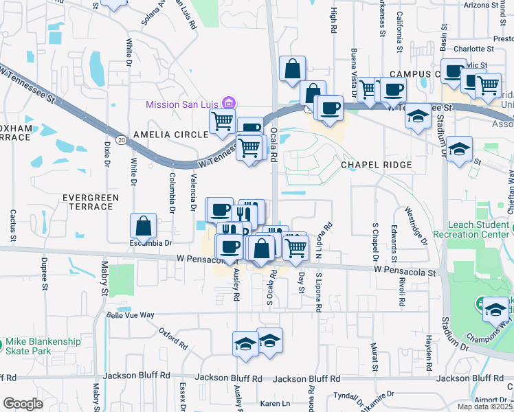 map of restaurants, bars, coffee shops, grocery stores, and more near 222 Ocala Road in Tallahassee