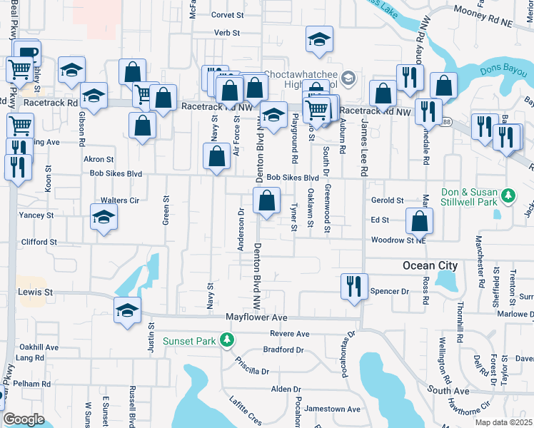 map of restaurants, bars, coffee shops, grocery stores, and more near 685 Denton Boulevard Northwest in Fort Walton Beach