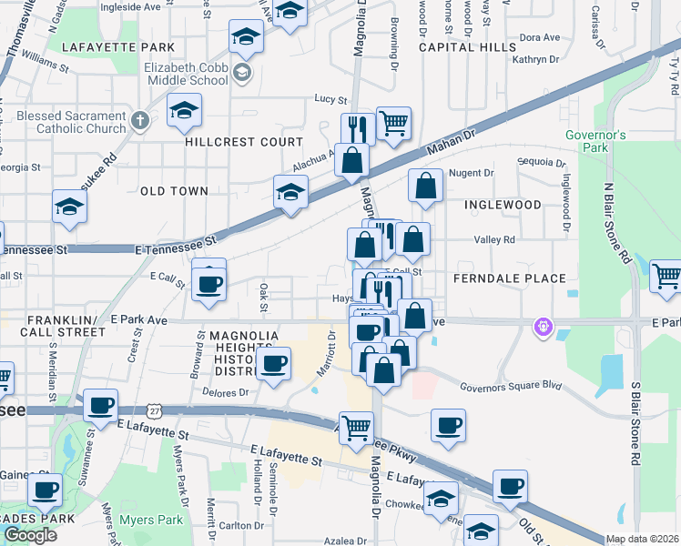 map of restaurants, bars, coffee shops, grocery stores, and more near 311 Vantage Point Lane in Tallahassee
