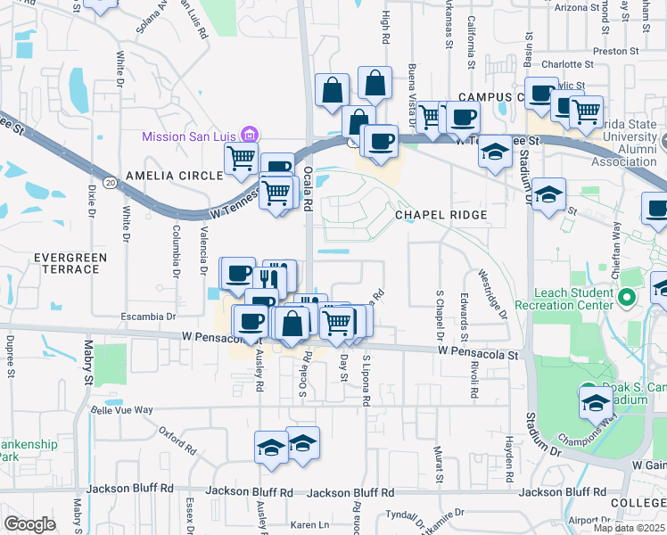 map of restaurants, bars, coffee shops, grocery stores, and more near 36 Ocala Road in Tallahassee
