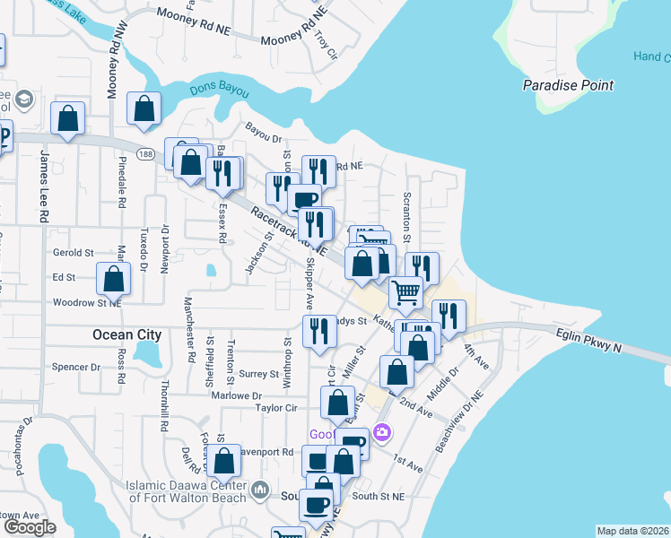 map of restaurants, bars, coffee shops, grocery stores, and more near 311 Racetrack Road Northeast in Fort Walton Beach