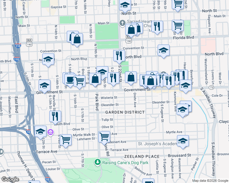 map of restaurants, bars, coffee shops, grocery stores, and more near 2031 Government Street in Baton Rouge