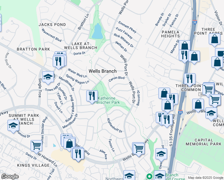 map of restaurants, bars, coffee shops, grocery stores, and more near 2029 Cervin Boulevard in Austin