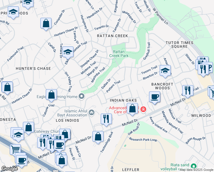 map of restaurants, bars, coffee shops, grocery stores, and more near 7440 Dallas Drive in Austin