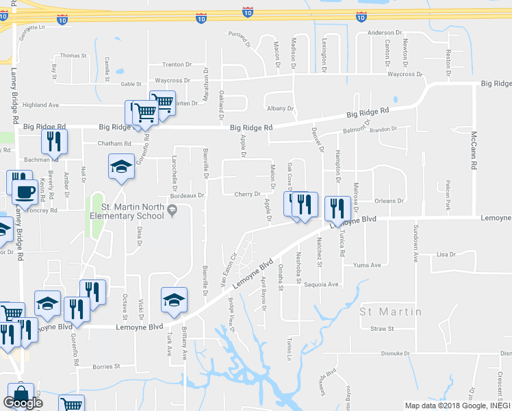 map of restaurants, bars, coffee shops, grocery stores, and more near 15920 Hardwood Place in Biloxi
