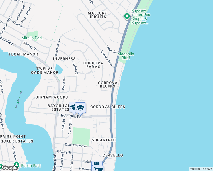 map of restaurants, bars, coffee shops, grocery stores, and more near 2420 Bluffs Circle in Pensacola