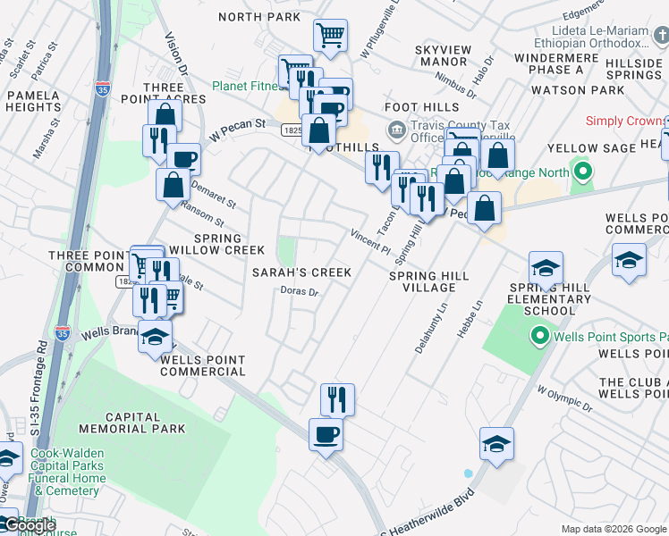 map of restaurants, bars, coffee shops, grocery stores, and more near 15308 Craig's Crest Path in Pflugerville