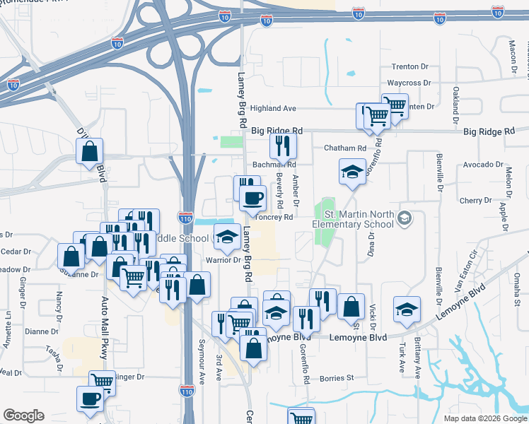 map of restaurants, bars, coffee shops, grocery stores, and more near 11045 Kevin Road in D'Iberville