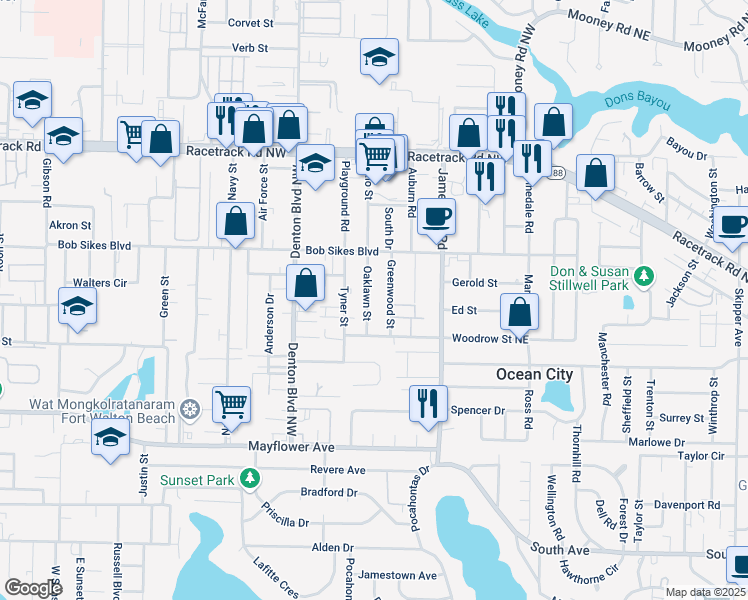 map of restaurants, bars, coffee shops, grocery stores, and more near 709 Oaklawn Street in Fort Walton Beach