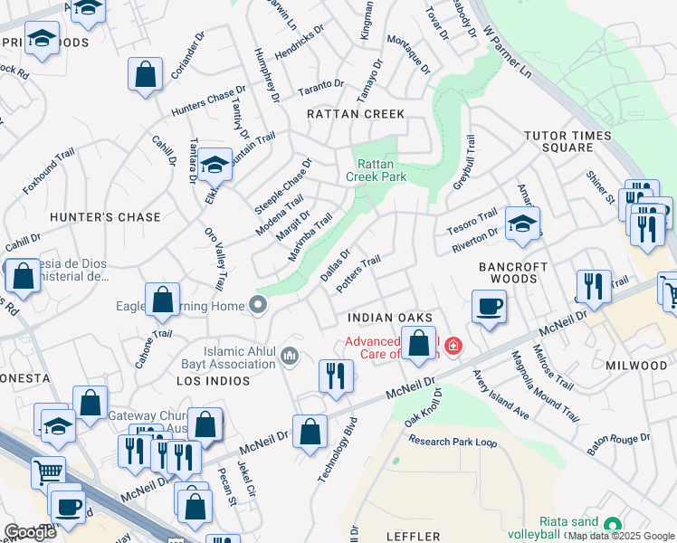 map of restaurants, bars, coffee shops, grocery stores, and more near 7440 Dallas Drive in Austin