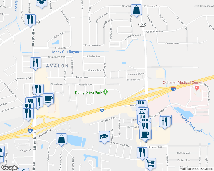 map of restaurants, bars, coffee shops, grocery stores, and more near 15518 Rhonda Avenue in Baton Rouge