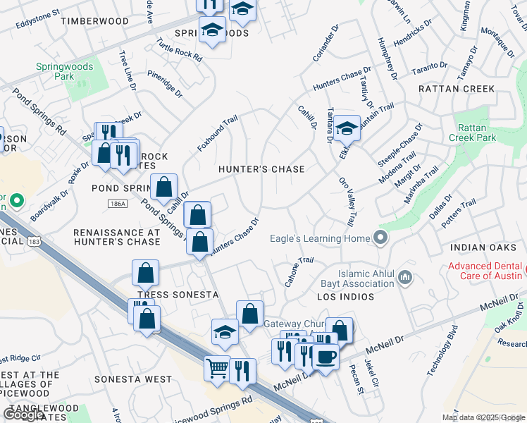 map of restaurants, bars, coffee shops, grocery stores, and more near 12301 Deer Falls Drive in Austin
