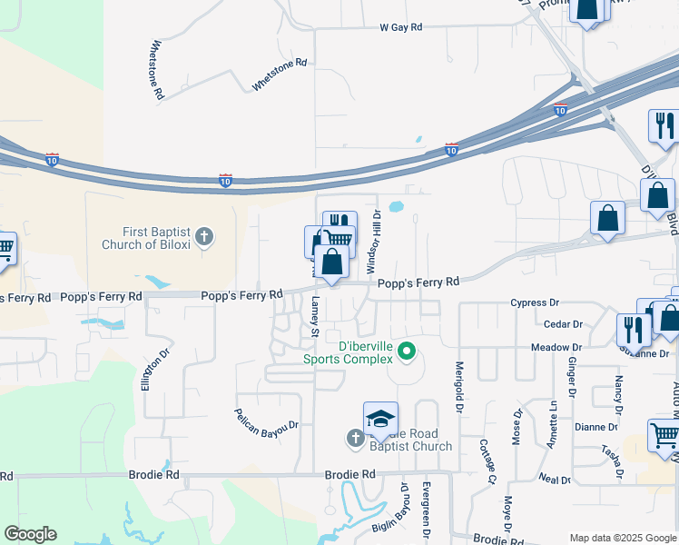 map of restaurants, bars, coffee shops, grocery stores, and more near 4494 Popps Ferry Road in D'Iberville