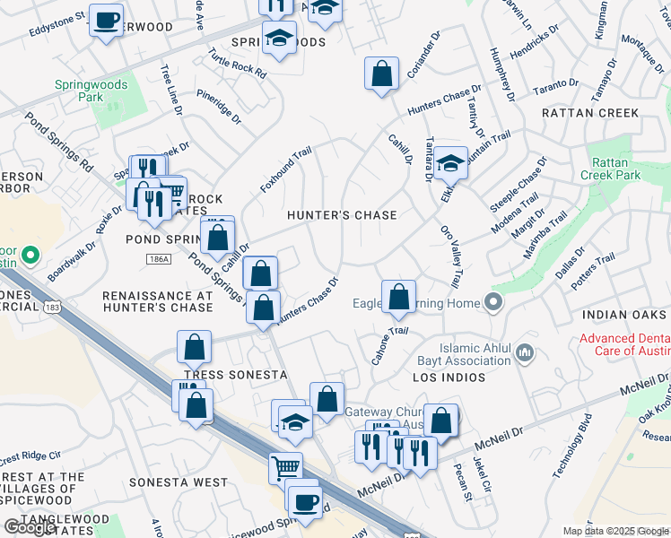 map of restaurants, bars, coffee shops, grocery stores, and more near 12301 Deer Falls Drive in Austin