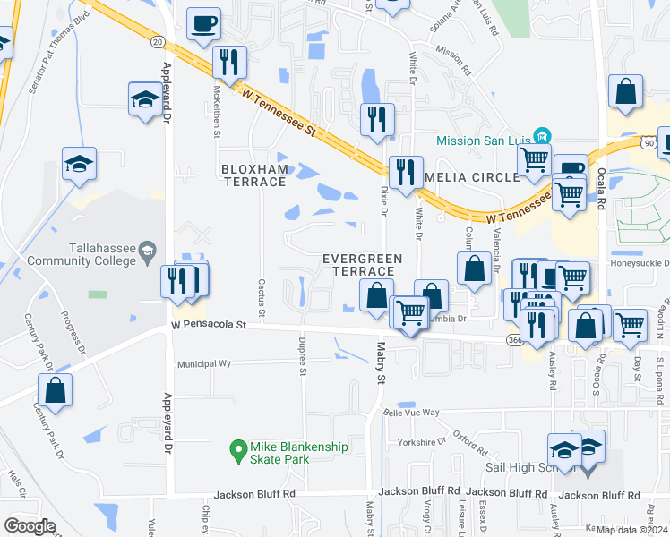 map of restaurants, bars, coffee shops, grocery stores, and more near 18 Pintail Lane in Tallahassee